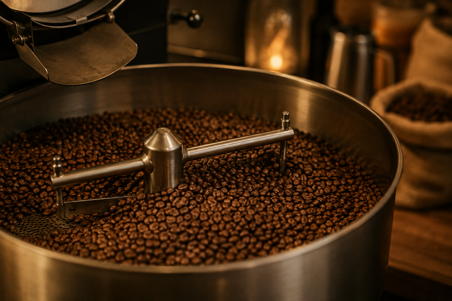 Vers gebrande koffiebonen koelen af in de koffiebrander